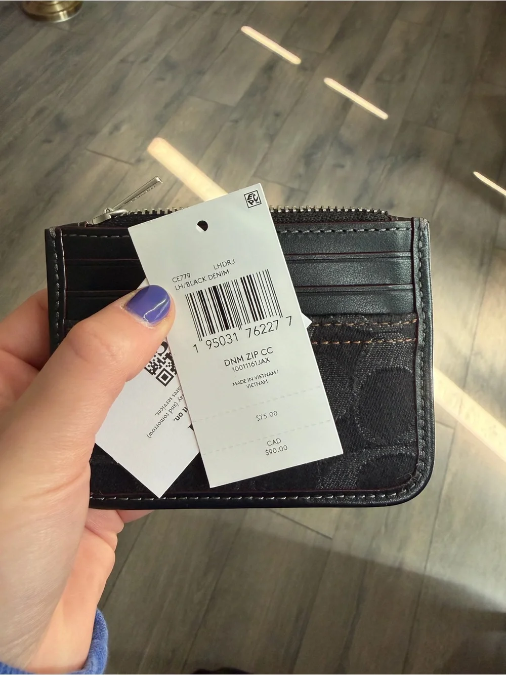 Coach black denim zip card case